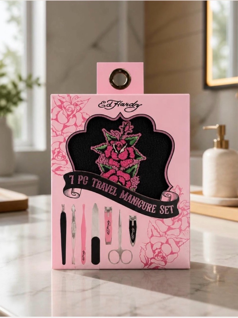 Ed Hardy Pink Floral 7-Piece Travel Manicure Set
